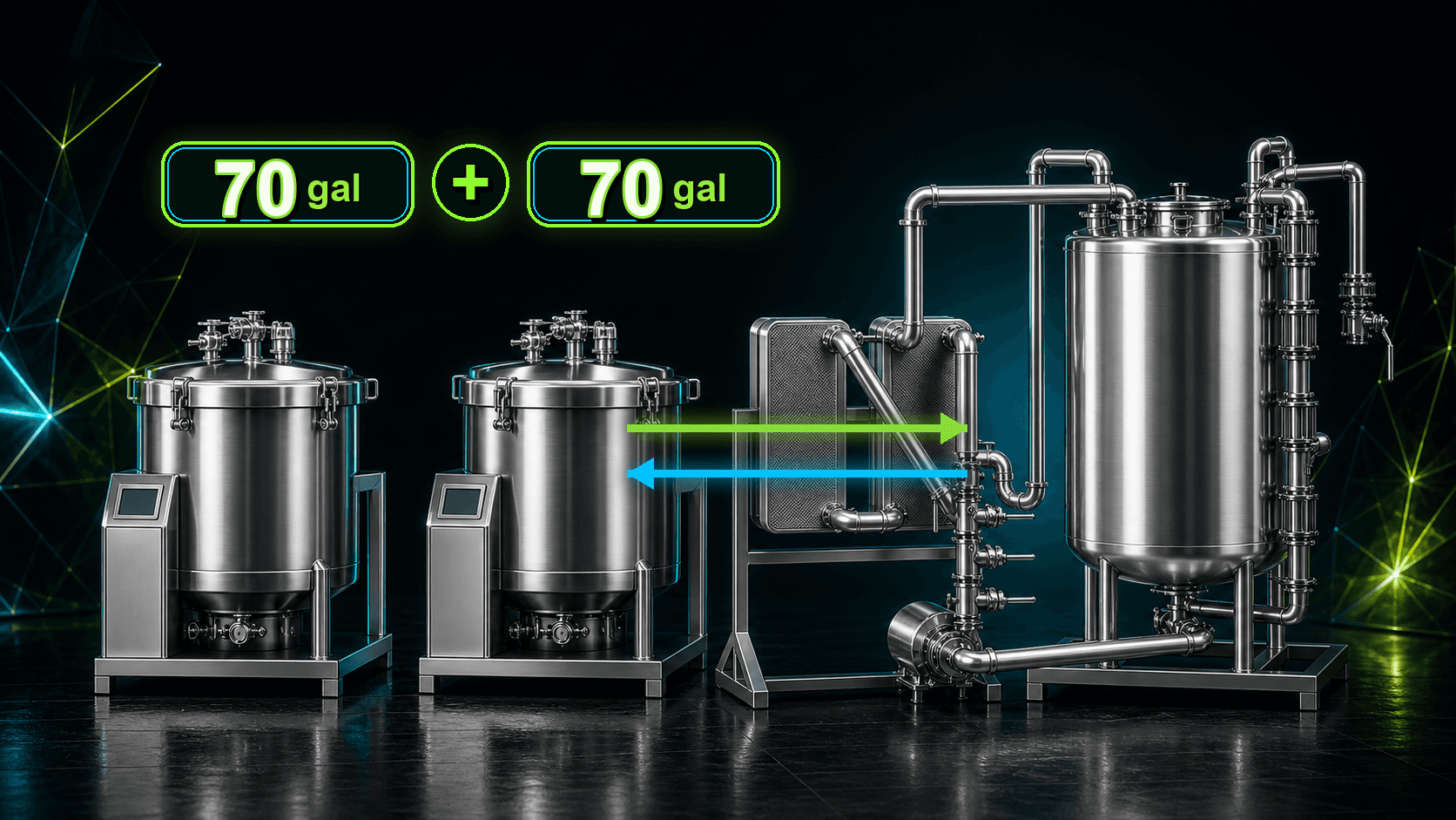 BLAST 240/45 workflow fit showing two 70-gallon centrifuges feeding a high-capacity ethanol chilling system