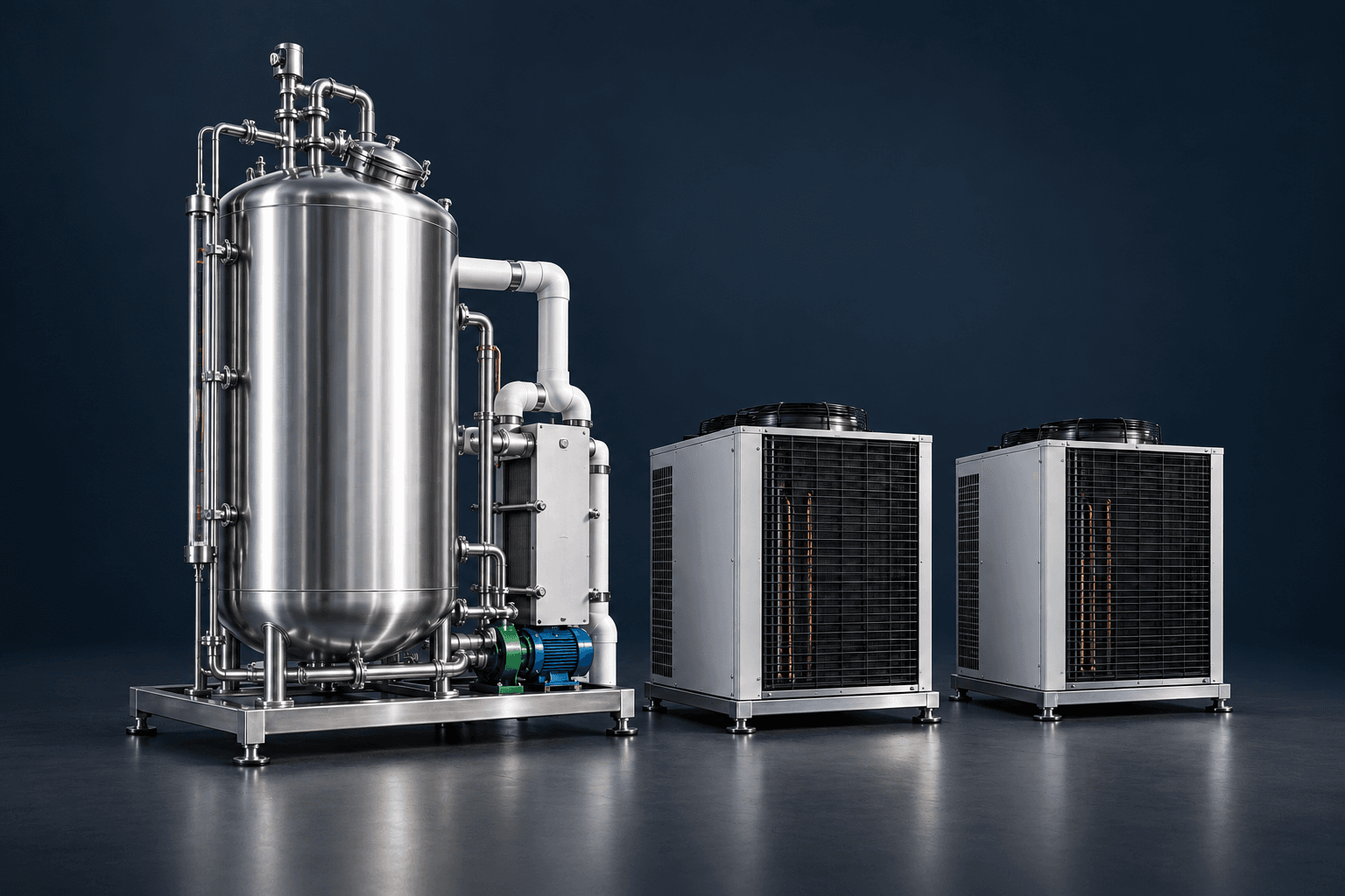 Perma Cool equipment visualization: stainless steel chilling tank and two separate condenser units in a clean dark studio